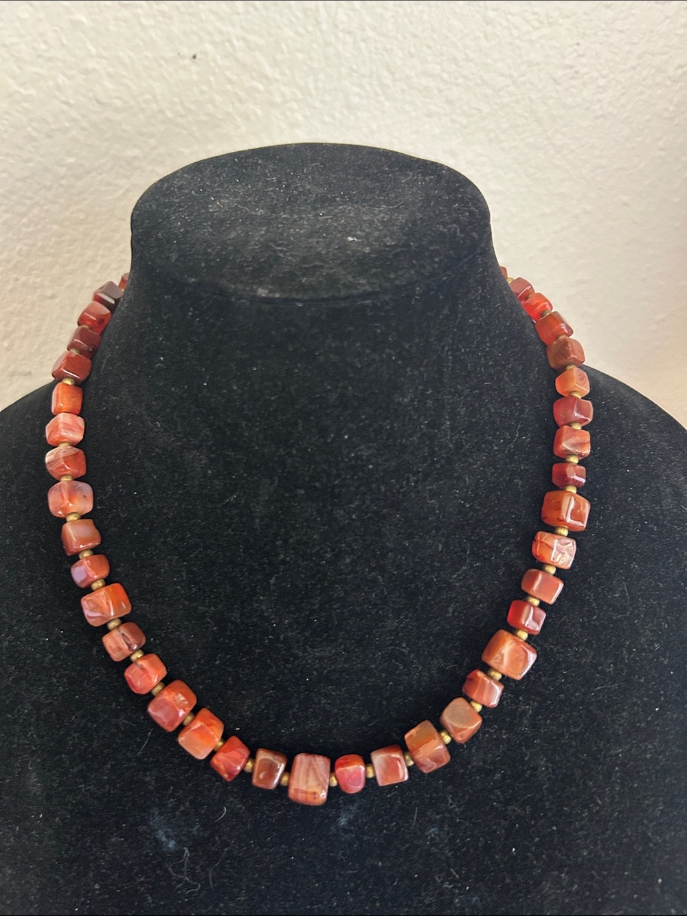 Red Agate Natural Beaded Necklace Polished Cube Stones with Brass Spacer Beads